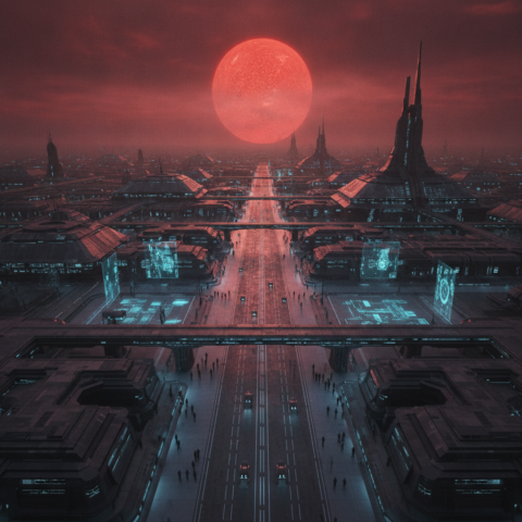 High angle view of an Etorthan city with dark metal buildings, hover vehicles, and Etorthans in uniforms.