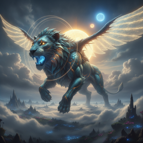 A sleek biological vessel shaped like a lion, with glowing energy veins and translucent wings, hovering above a misty landscape with twin suns.