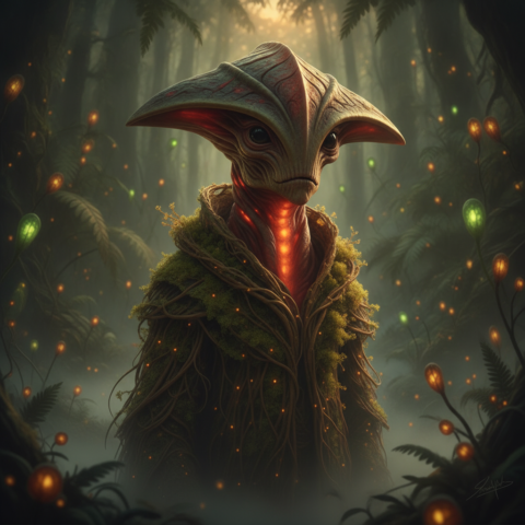 Two adult Flatwoods Monsters and a juvenile hover above glowing moss in a bioluminescent forest, communicating with hissing waves.