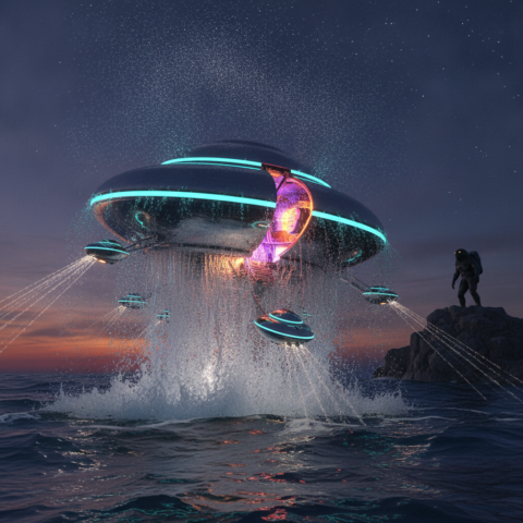 Metallic UFO with glowing blue lights rises from dark ocean, water spraying, a Frogman watches from rocks.
