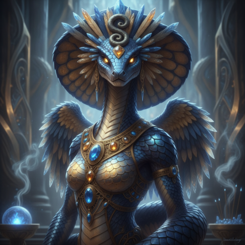Several winged and hooded serpent beings encircle a glowing orb in a crystalline temple, communicating through energy arcs.
