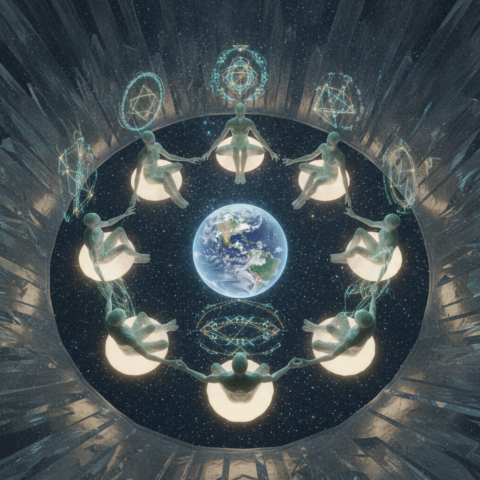 Seven translucent-skinned Grail beings sit in a circle under a holographic Earth in a crystal chamber.