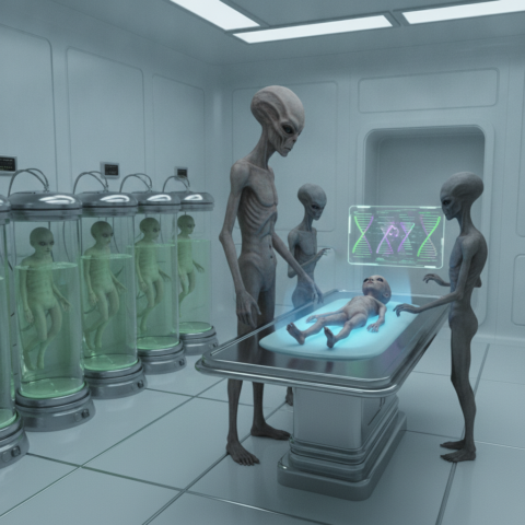 Taller Grey leader stands by a hybrid child under a blue scanning beam while two smaller Greys operate holographic screens.