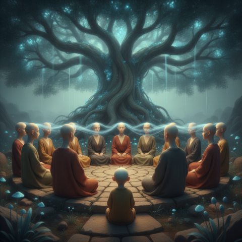 A circle of Harus beings meditating on stone under a giant bioluminescent tree, a child watching the light.