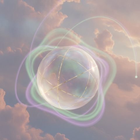 Spherical light ship with shifting colors and gold lines hovers amid radiant clouds.