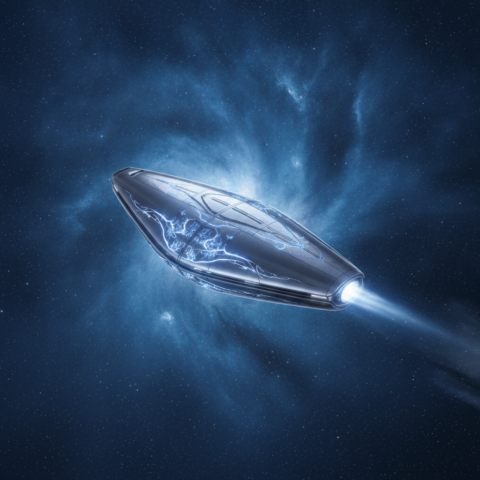 Hoova teardrop spacecraft in space with glowing veins and blue nebula background.