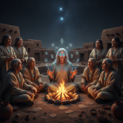 A Pleiadian with glowing blue eyes gestures to Hopi elders in a campfire-lit adobe village.