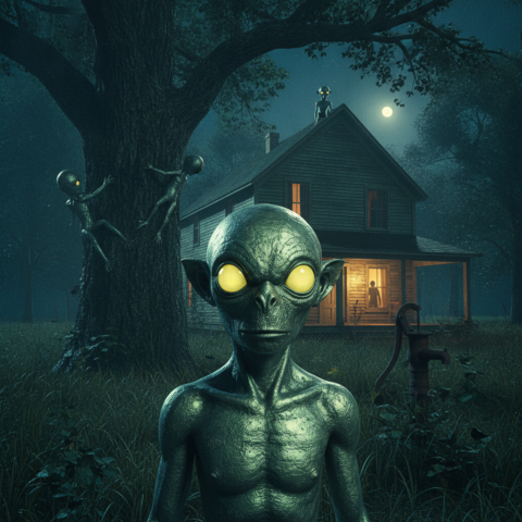 Three metallic silver-green goblins with glowing yellow eyes cling to a tree and roof at night, watching a lit farmhouse.