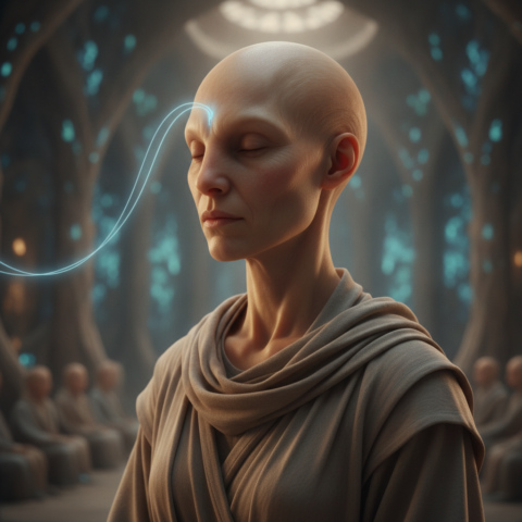 Six Iargans seated in a circle, eyes closed, glowing threads between foreheads, in a bioluminescent room.