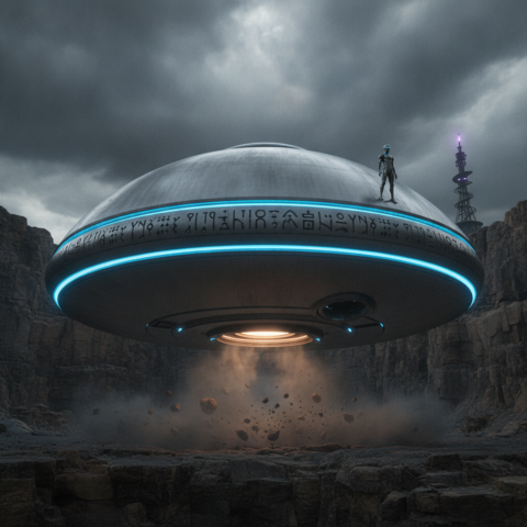 Igigi MU disk hovering above canyon, small Igigi figure on rim, glowing blue ring, cuneiform markings, stormy sky.