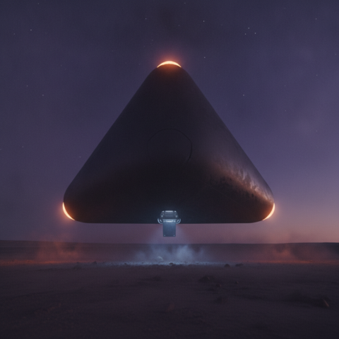 Dark triangular craft with glowing lights hovers low over rocky ground at dusk.