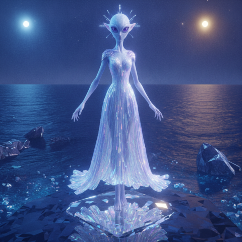 Full body portrait of tall Ihel-Timtim with blue luminescent skin, violet eyes, flowing crystalline robe.