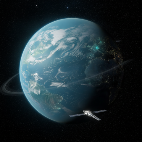 A blue planet with green swirls, rings, and bioluminescent cities as seen from orbit.