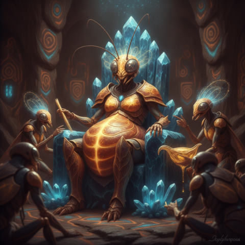 A large insectoid queen on a crystalline throne, surrounded by smaller worker insects in a glowing hive.