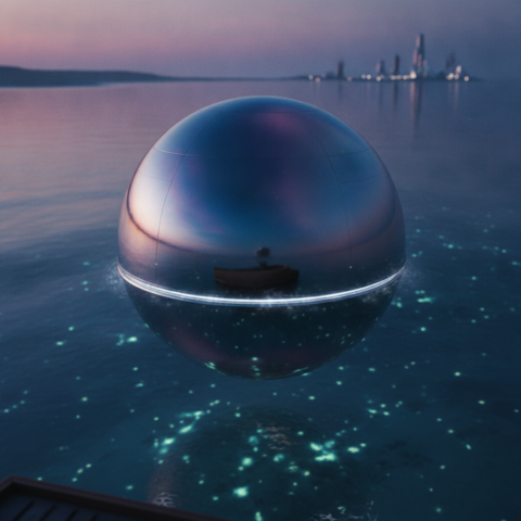 Silvery-blue spherical spacecraft floating above calm ocean at twilight, reflecting sky and glowing sea.