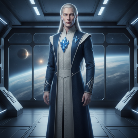 Full body portrait of a tall slender Kahel male in white and blue formal tunic, standing in a spaceship interior with crystalline walls and starry viewport.