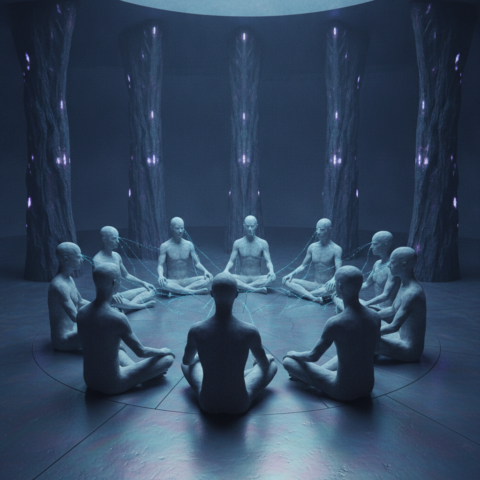 Several grey Kiily-Tokurt beings seated in a circular chamber, telepathically linked by blue energy arcs.