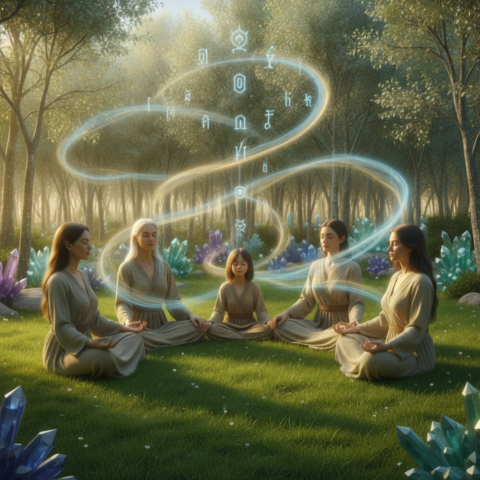 Five robed Koldasian beings sit in a circle, eyes closed, with glowing auric fields and holographic symbols above.