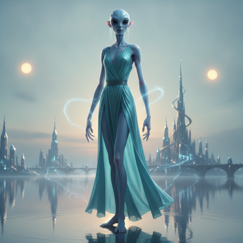 Full-body portrait of a tall slender blue-skinned Korendi in aquamarine flowing garment on reflective water.