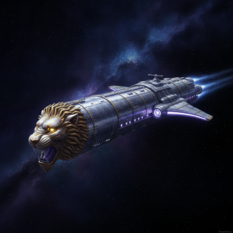 Elongated Laan cruiser with feline design, metallic hull, glowing blue exhaust, against purple nebula.