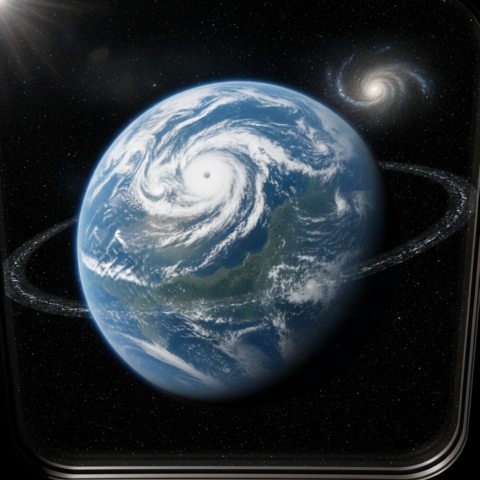 A clear orbital view of planet Lanulos with green continents, deep aquamarine oceans, spiral clouds, and a thin ring system against the blackness of space.