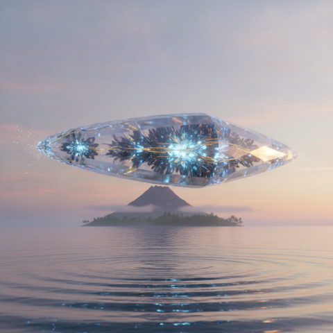 Transparent organic teardrop-shaped crystal ship glowing blue and gold over ocean near volcanic island.