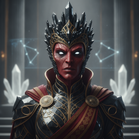 Leveron court with High Leveron on black crystal throne, subordinates kneeling, telepathic communication implied.