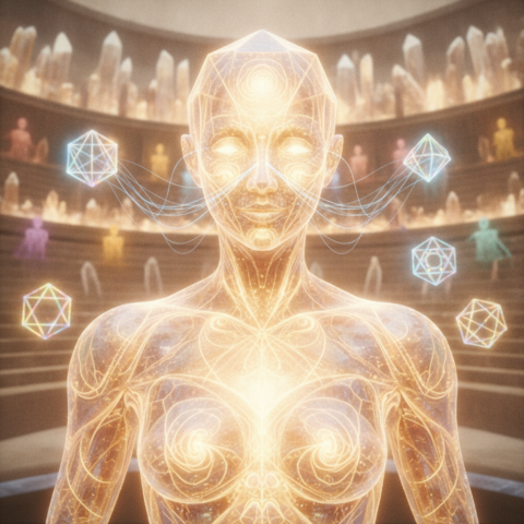 Twelve luminous beings of different colors seated in a crystalline amphitheater, connected by threads of light.
