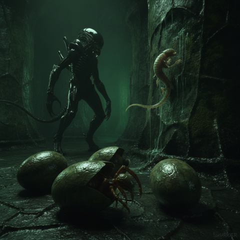 Dark hive chamber with glowing green eggs, a facehugger emerging, chestburster on wall, adult Lurker guarding.