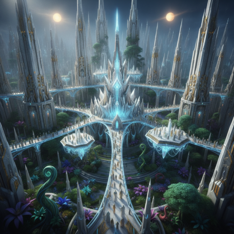Aerial view of a crystalline Lyran city with white and gold spires, floating platforms, and a star temple connected by bridges of light.