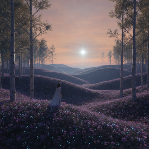 Bioluminescent violet and blue flora on rolling hills with a Lyrian figure in white robes under a golden sky.