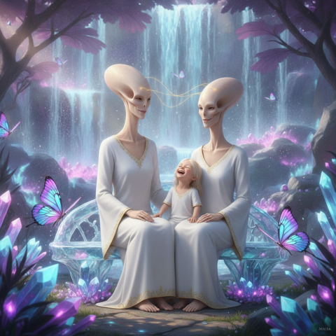 Maia family telepathically communicating on a crystalline bench by a glowing waterfall in a lush garden.