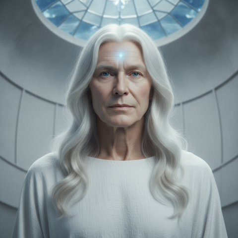 Blond blue-eyed Martians in white tunics sit in a circular stone chamber with levitating crystal chairs.