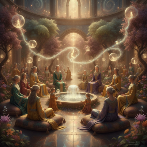 Group of Mes’Waki seated in a circle around a fountain, with glowing symbols and light orbs.