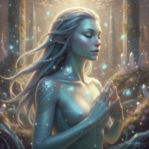 Mintakans sit in a circle on a crystalline platform, holding hands with webbed fingers, meditating with glowing auras.