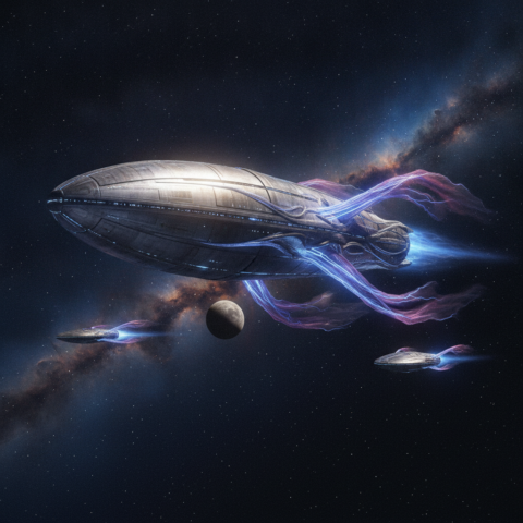Cigar-shaped spacecraft with glowing blue veins and violet energy fields, flanked by two small disk ships against a nebula.