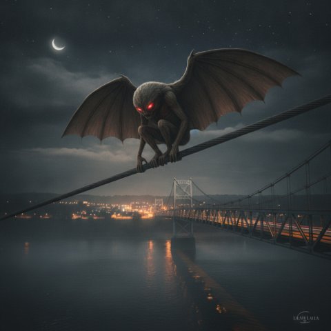 Mothman sitting on bridge cable at night, looking down at town, red eyes glowing, crescent moon and stars.