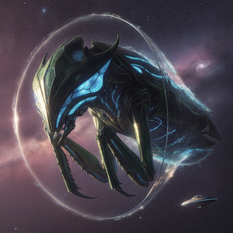 Giant mantis-shaped organic spaceship with blue glow, foreground small scout ship, starfield and nebula background.