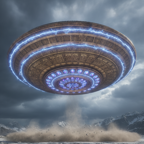 Saucer-shaped metallic craft with glowing blue rings hovers over mountainous landscape, storm clouds overhead.