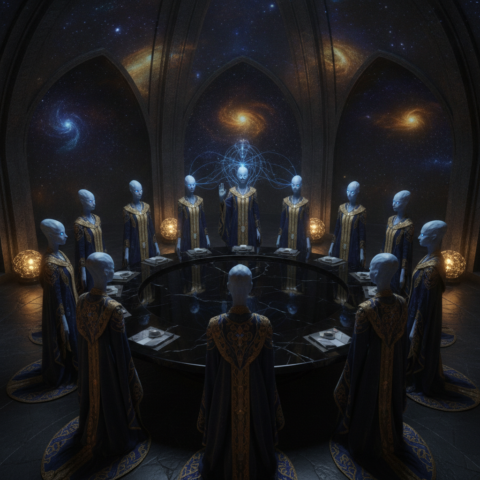 Twelve tall Nibiruans in ornate robes around a black obsidian table in a grand chamber with holographic star maps.