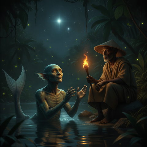 Half-submerged Nommo with scaly fish tail gesturing to stars, teaching a Dogon elder by torchlight.