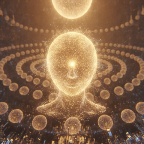 Hundreds of glowing light spheres in concentric rings, connected by luminous threads, in a golden crystalline hall.