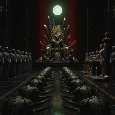 Non-winged Draco warriors kneeling in submission before a Royal Draco in a dark throne room.