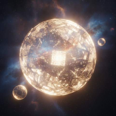 Golden-white luminous orb light ship with geometric patterns near a colorful nebula, two smaller orbs nearby.