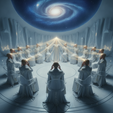 Several Norcans seated in a circle, eyes closed, with golden energy threads connecting their heads in a crystalline hall.