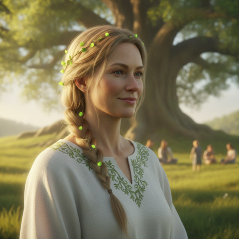 A group of Nordic beings in white and green robes sit in a circle under a glowing tree, with children playing nearby.