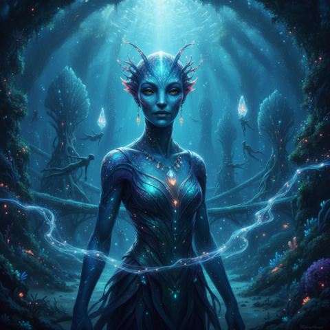 Underwater city in a bioluminescent coral dome with organic towers and swimming Nyptonians.