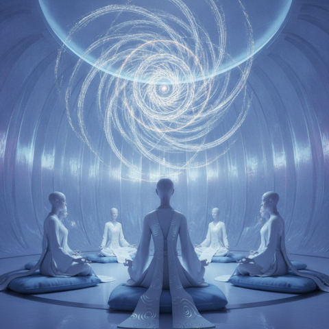 Seven Ohorai seated in a circle, meditating with a glowing energy mandala in a crystalline chamber.