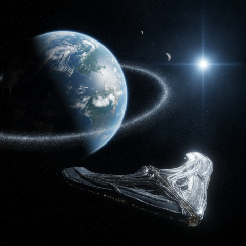 Planet Erra from low orbit with rings, two moons, and a V-shaped mothership reflecting starlight.