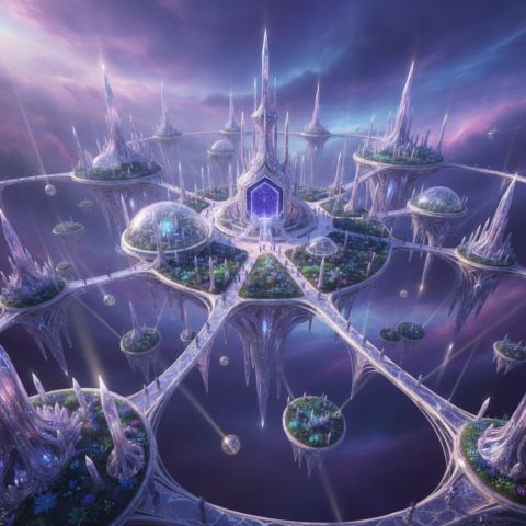 Floating crystalline city with glowing stargate, Oraphim figures, bioluminescent gardens, indigo auras.
